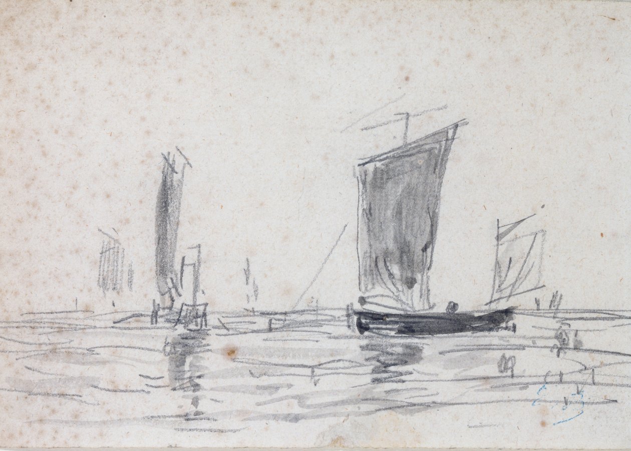 Sejlbåde på havet (vask og grafit på papir) af Eugene Louis Boudin