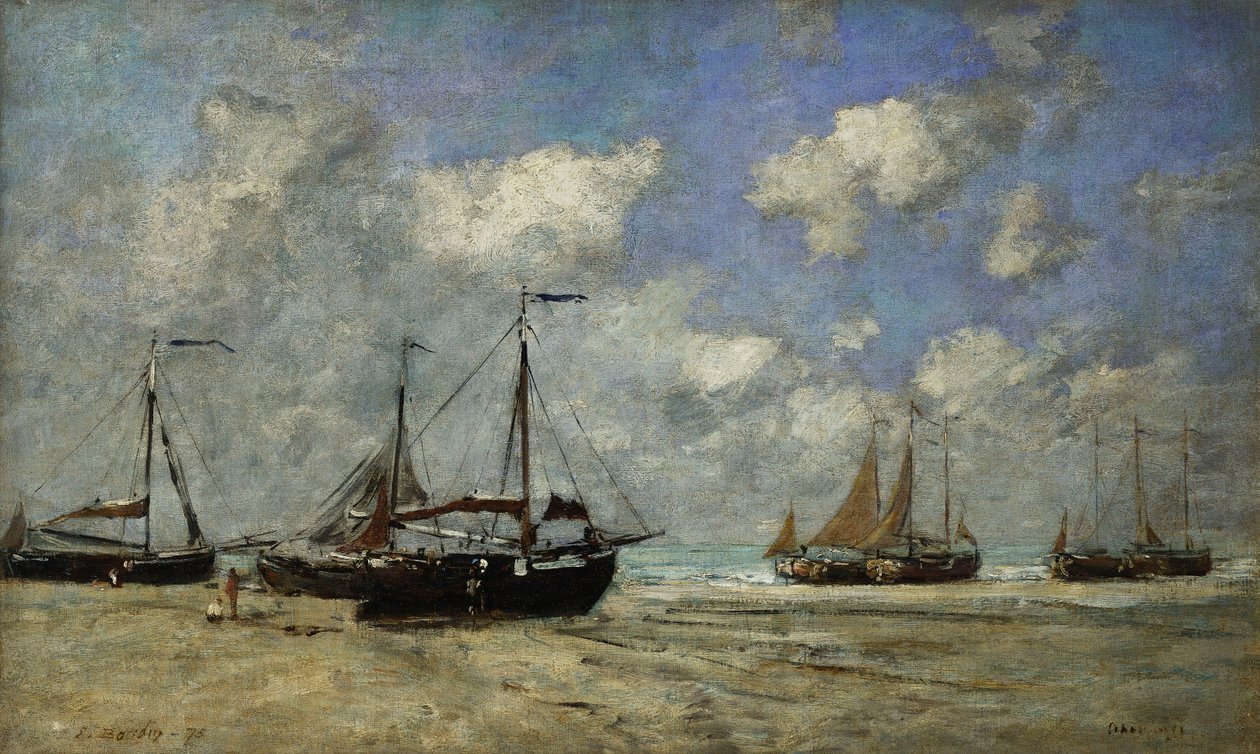 Scheveningen, Bådløb på grund ved bredden; Scheveningen, Skibe strandede på Greve, 1875 af Eugene Louis Boudin