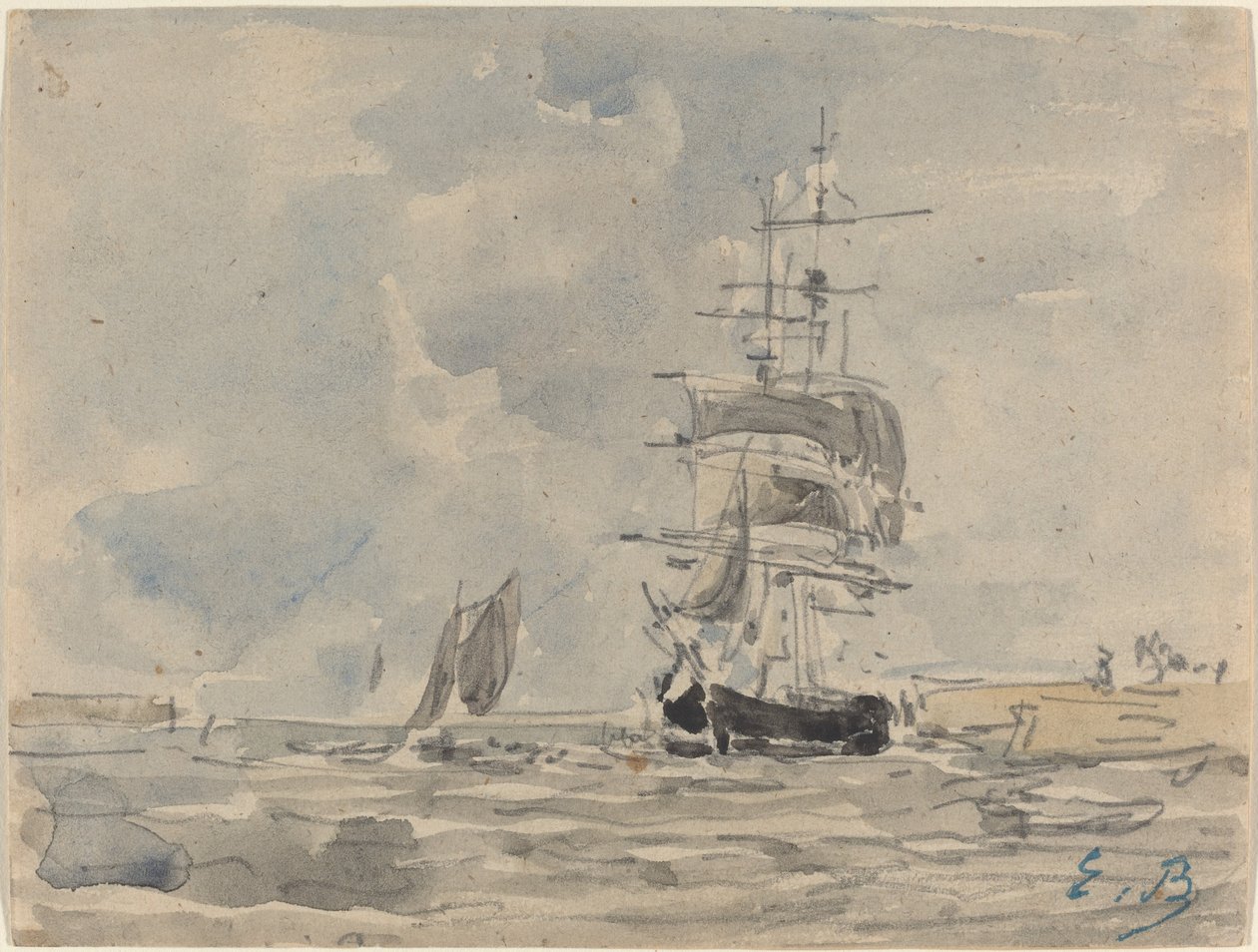 Havlandskab med sejlerfartøj, ca. 1875. af Eugene Louis Boudin