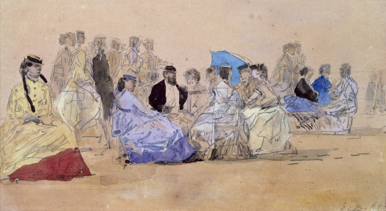 The Beach at Trouville, 1866 (blyant og wc på papir) af Eugene Louis Boudin