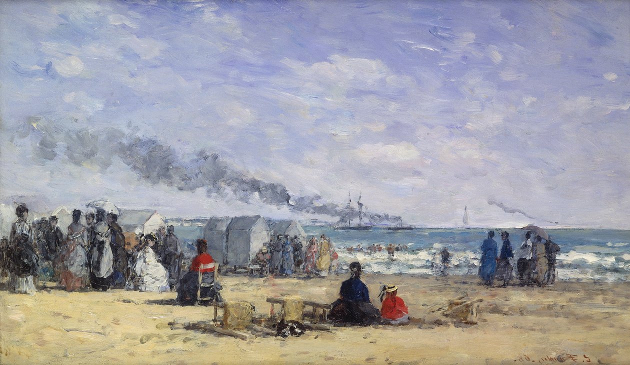 Stranden ved Trouville ved badetid; Trouville Beach ved Bath Time, 1868 af Eugene Louis Boudin