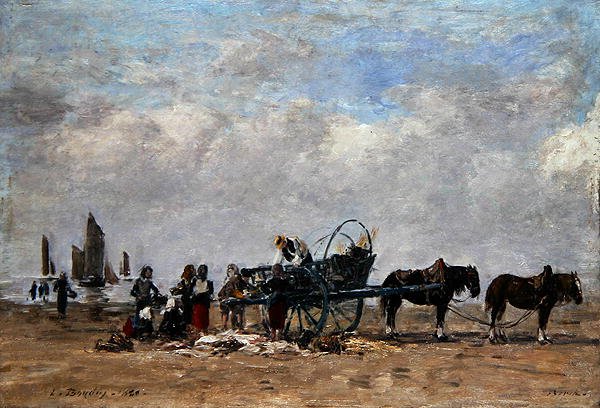 Fiskevognen, Berck, ca. 1880 (olie på lærred lagt på panel) af Eugene Louis Boudin