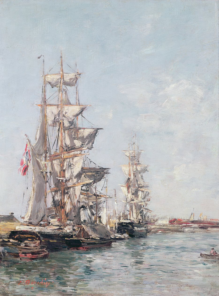 Tremastede både ved kajen i Deauville Havn, ca. 1888-89 af Eugene Louis Boudin