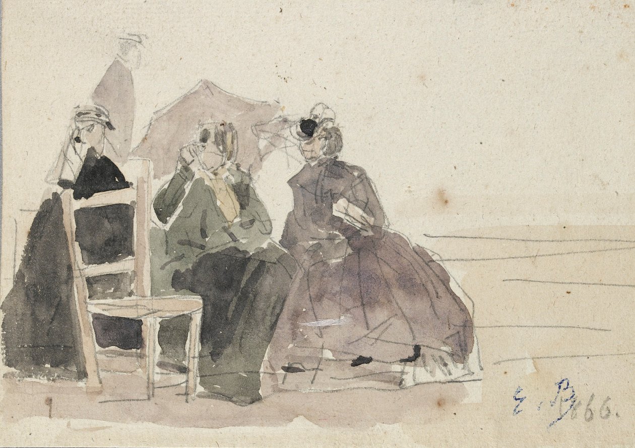 Tre kvinder siddende på stole på en strand, slutningen af det 19. århundrede af Eugene Louis Boudin