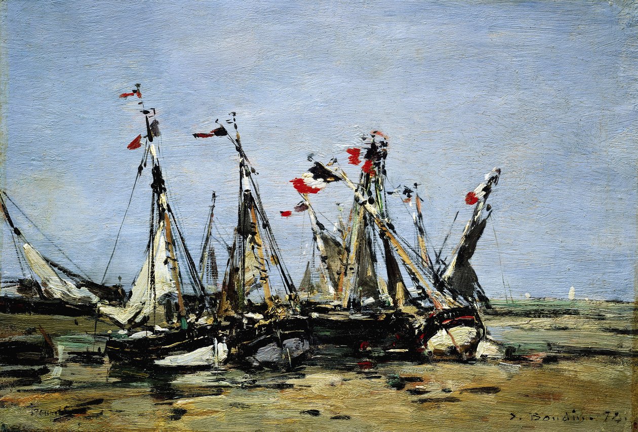Trouville (Frankrig), venter på tidevandet, fiskerbåde på stranden, dekoreret med franske flag, til minde om den franske revolution i 1789 af Eugene Louis Boudin