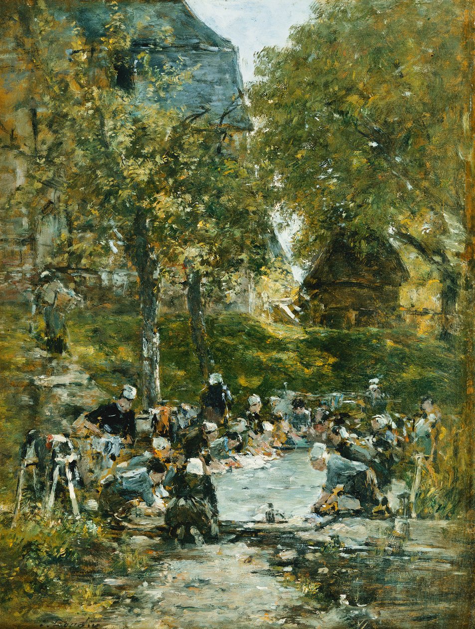 Skiver på bredden af floden; Laveuses au Bord de la Riviere, ca. 1877-1881 af Eugene Louis Boudin