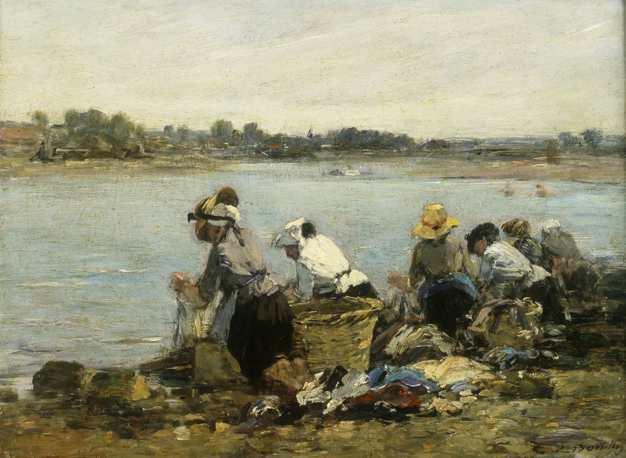 Vaskekvinder ved drejningsmomentet; Vaskekvinderne på La Touque, af Eugene Louis Boudin