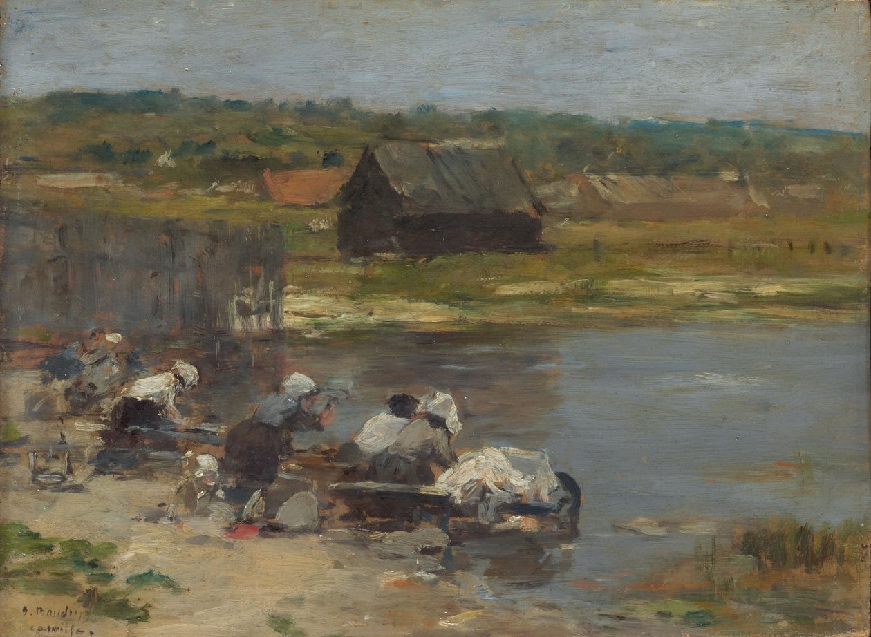Vaskekoner ved kanten af dammen af Eugene Louis Boudin