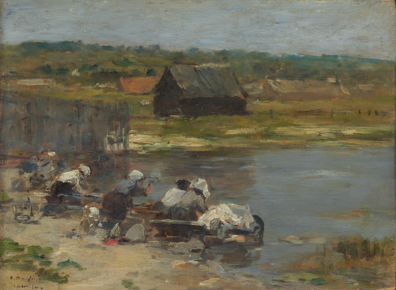 Vaskekoner ved kanten af dammen af Eugene Louis Boudin