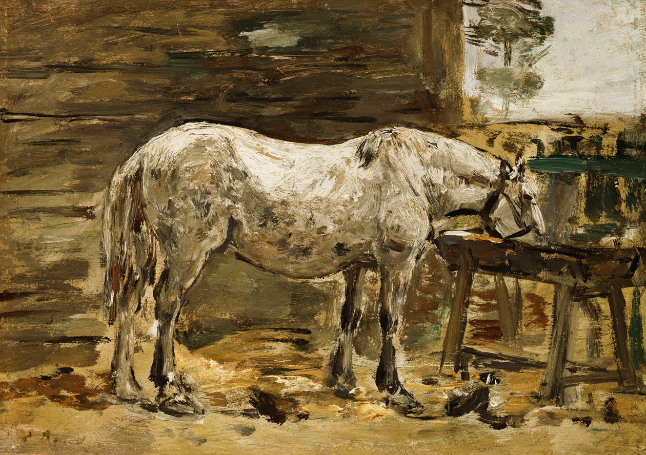 Hvid hest ved drikketruget, ca. 1885-90 af Eugene Louis Boudin
