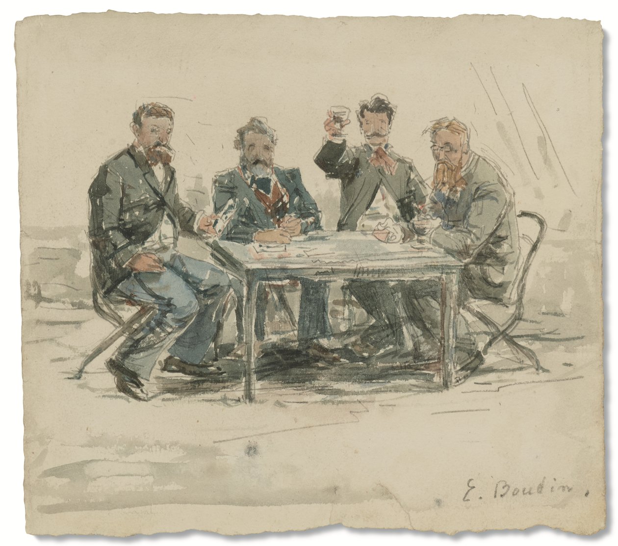På Saint-Siméon-gården (Jongkind, Émile van Marcke, Claude Monet og "far Achard"), ca. 1867 (akvarel og blyant på papir) af Eugene Louis Boudin
