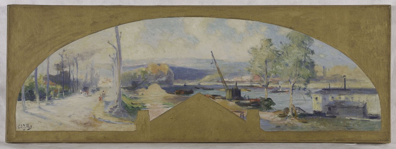 Skitse til rådhuset i Issy-les-Moulineaux: La Seine à Issy-les-Moulineaux, ca. 1901 (olie på lærred) af Eugene Louis Gillot