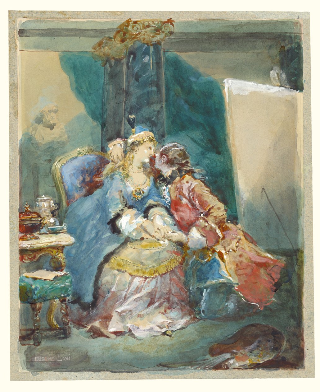 Et par omfavner hinanden i en kunstners atelier af Eugene Louis Lami