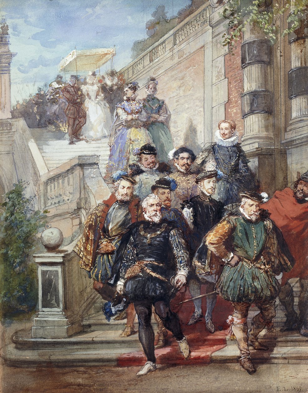 En kongelig procession ned ad en trappe i en have, 1869 af Eugene Louis Lami