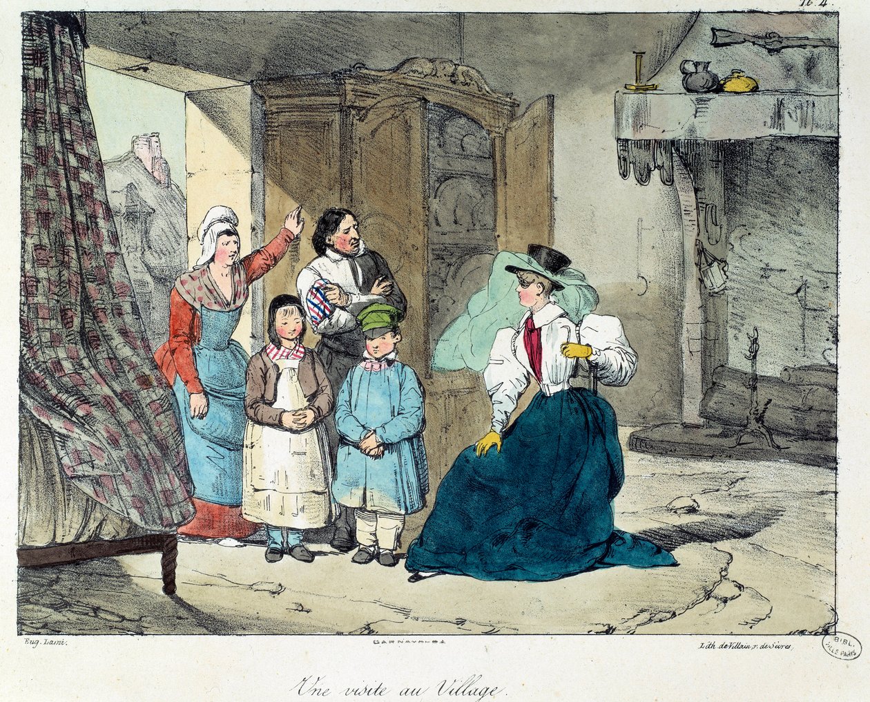 Et besøg i landsbyen. En rig kvinde besøger en fattig familie. Illustration af bogen "La vie de chateau"". Gravering af Eugene Louis Lami (1800-1890) af Eugene Louis Lami
