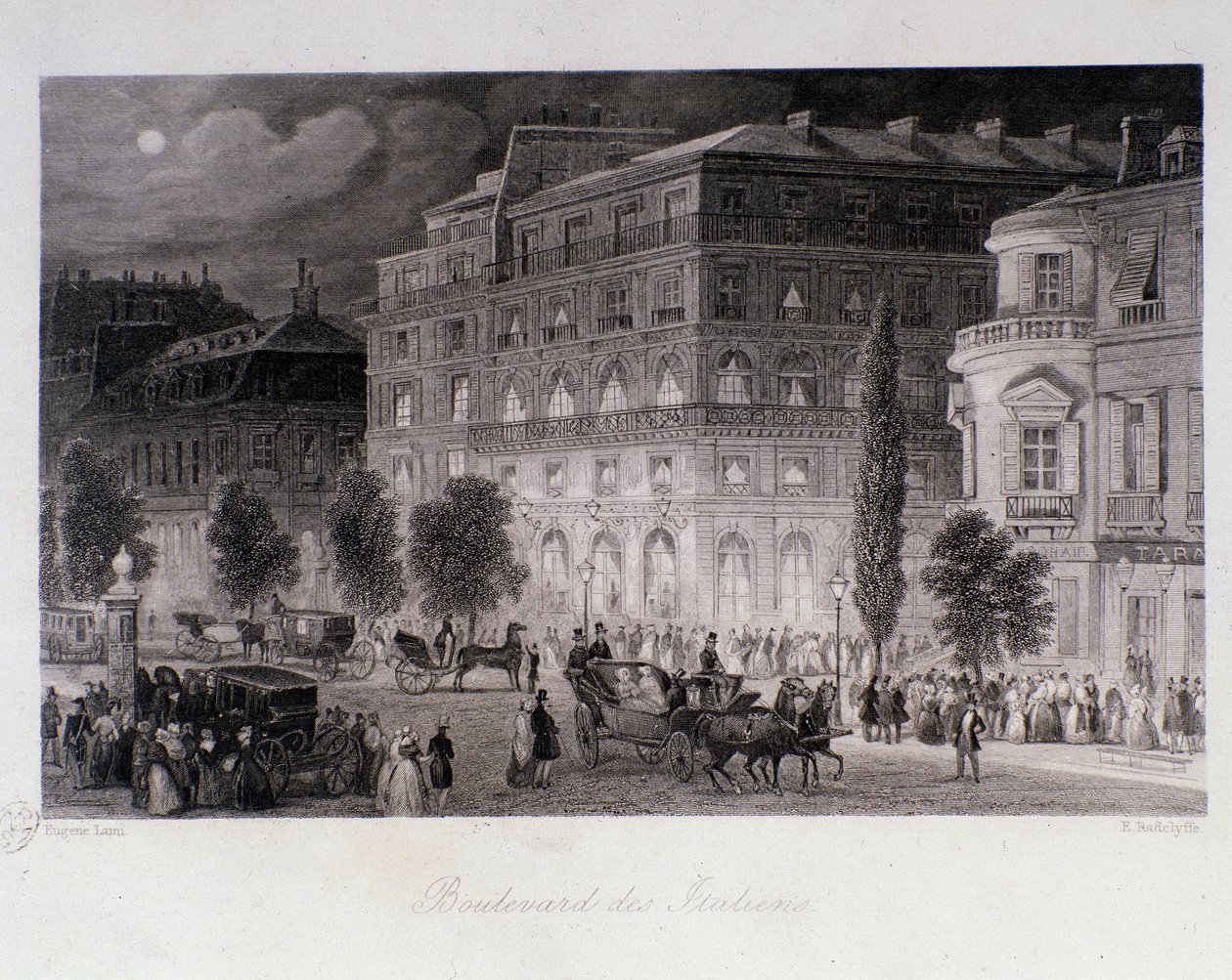 Animation omkring teatre på boulevard des Italians i Paris. Gravering af Eugene Louis Lami (1800-1890) 1843 Privat samling af Eugene Louis Lami