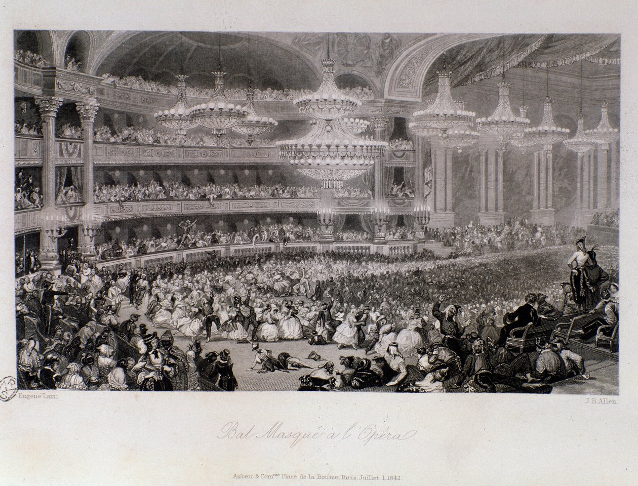 Boldmaske arrangeret på Opera de Paris. Gravering af Eugene Louis Lami (1800-1890) 1843 Privat samling af Eugene Louis Lami