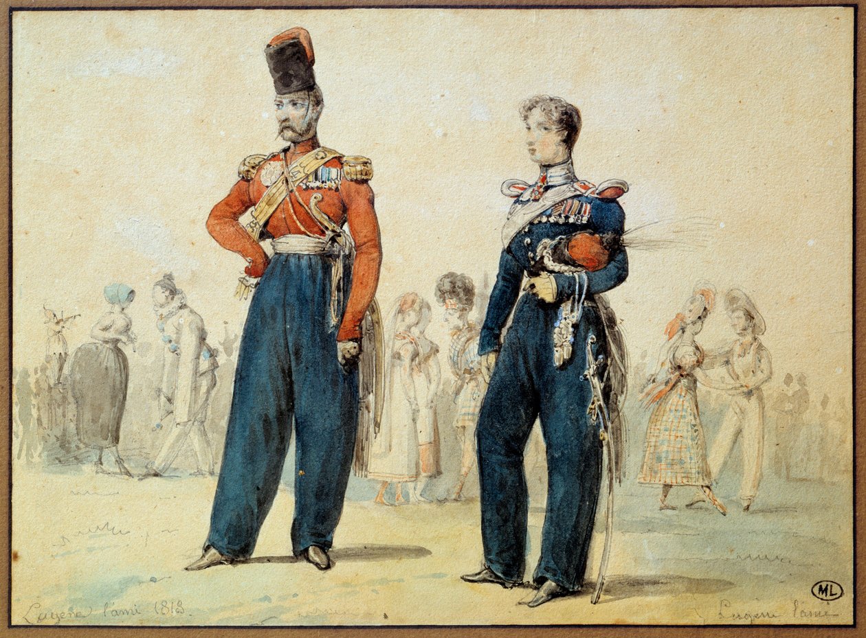 Bolddragt: to mænd i militæruniform. Tegning af Eugene Louis Lami (1800-1890) Paris fra det 19. århundrede, Louvre-museet af Eugene Louis Lami