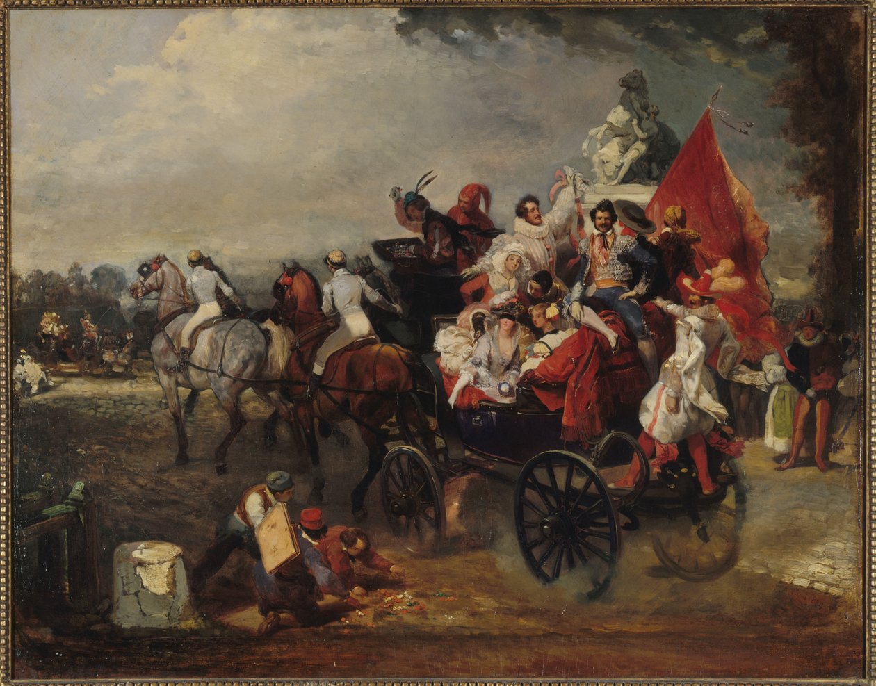 Vogn med mænd og kvinder i kostumer på Champs-Elysees, 1834 af Eugene Louis Lami