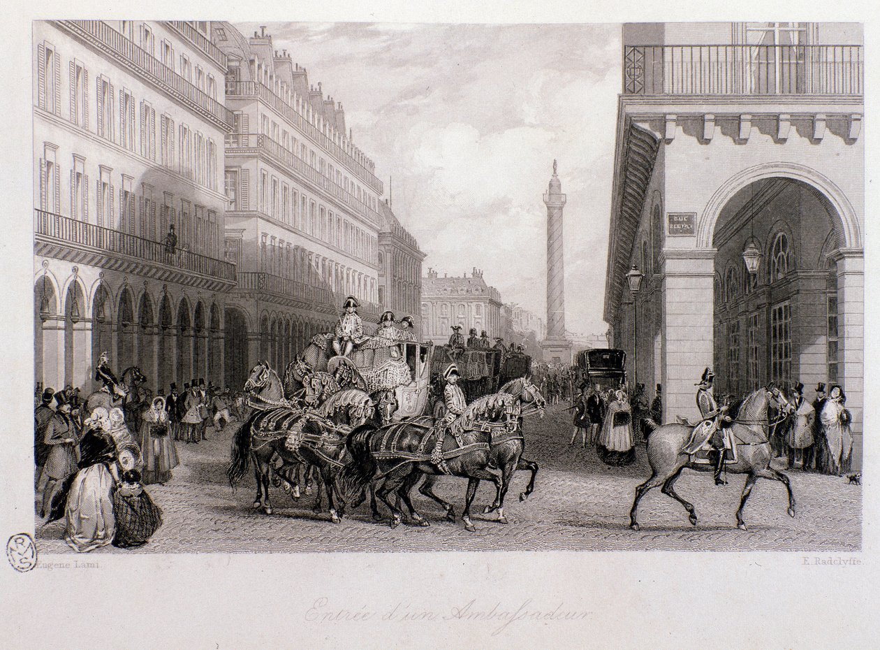Cortege af en ambassadør på Place de la Bourse ved hans ankomst til Paris. Gravering af Eugene Louis Lami (1800-1890) 1843 Privat samling af Eugene Louis Lami