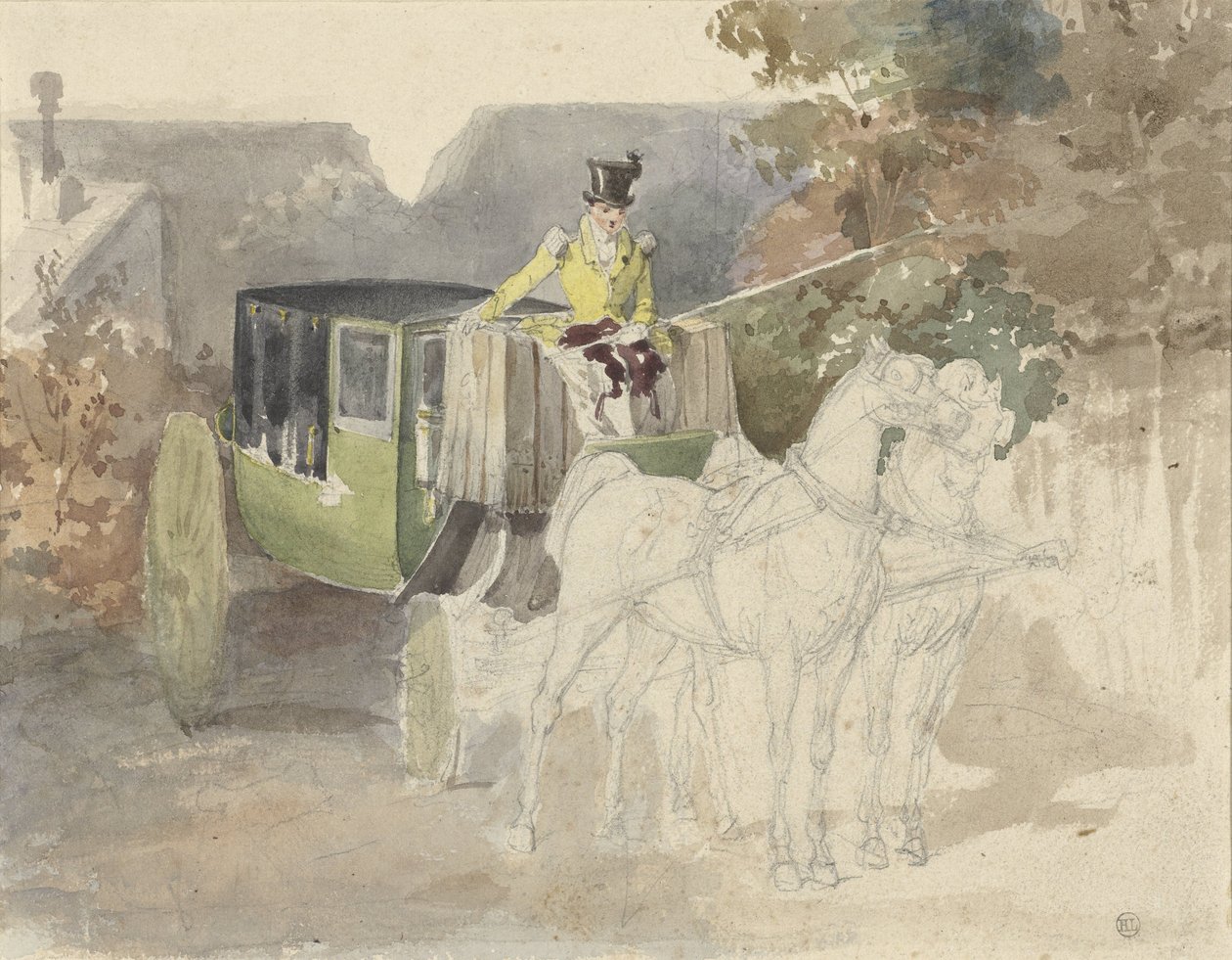 Coupé med to heste, i et skovområde af Eugene Louis Lami
