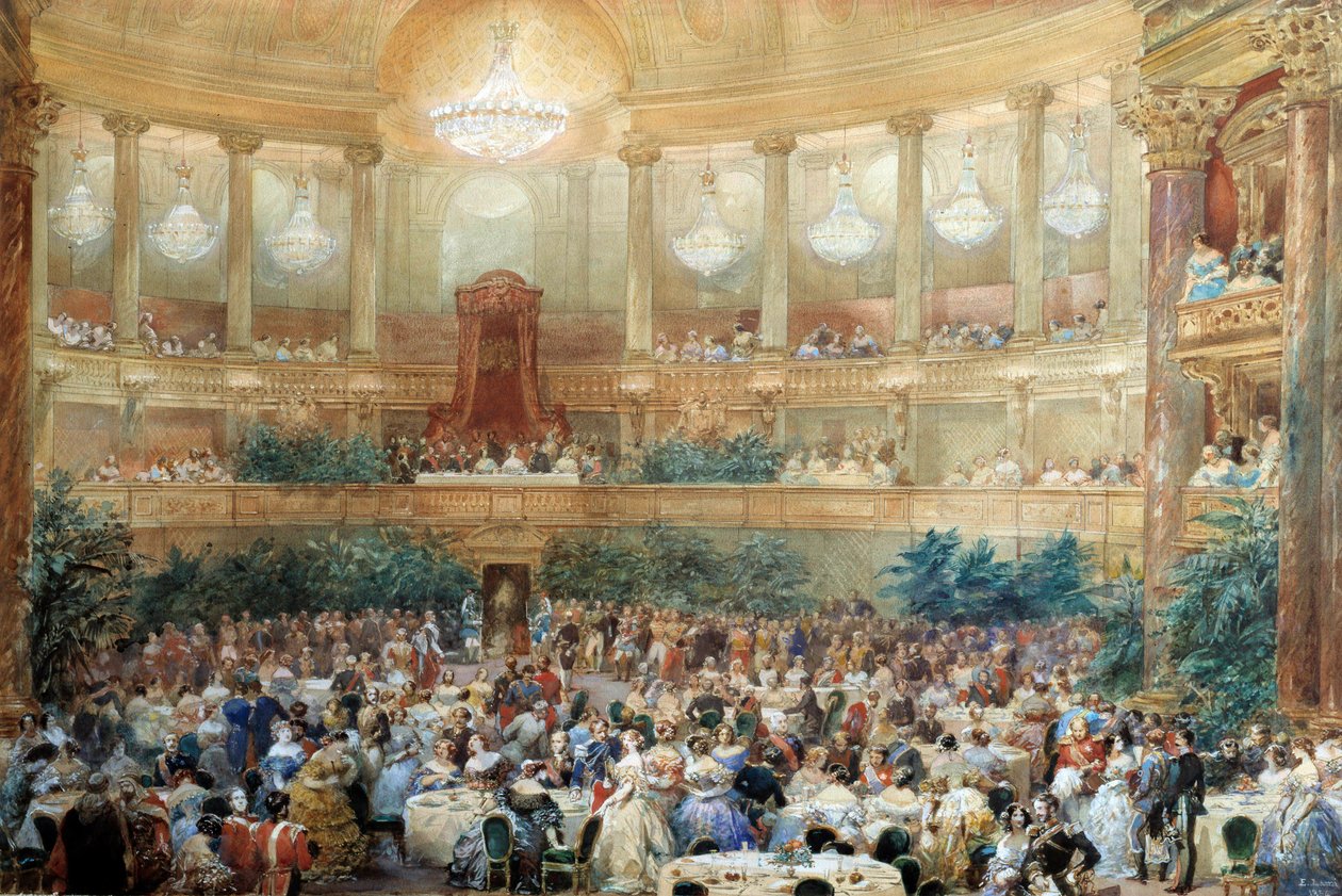 Middag tilbudt af Napoleon III til dronning Victoria i værelset på Opera de Versailles den 25. august af Eugene Louis Lami
