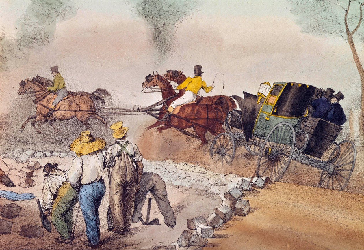 Støvpasserende Arbejdere slår gaderne op. Litografi af Eugene Louis Lami (1800-1890) Paris fra det 19. århundrede, Musee Carnavalet af Eugene Louis Lami