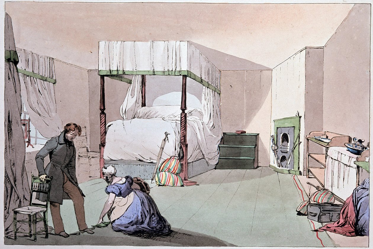 Hostel: en tjener hjælper en kunde med at tage sko på. Illustration af Eugene Louis Lami (1800-1890), midten af det 19. århundrede af Eugene Louis Lami