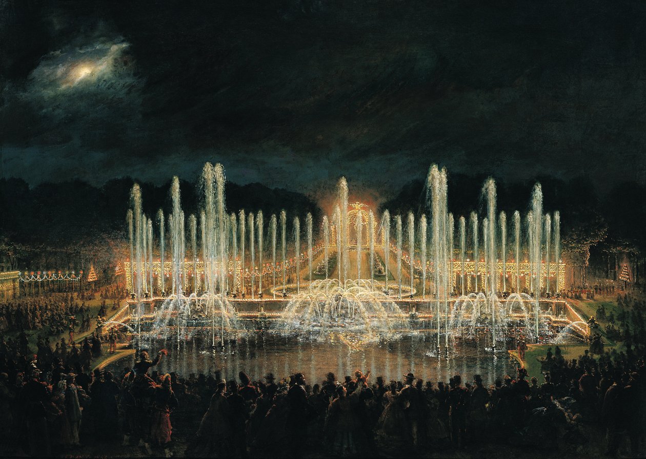 Oplyst springvandsudstilling i Bassin de Neptun til ære for prins Francisco de Assisi de Bourbon (1822-1902) 21. august 1864 af Eugene Louis Lami