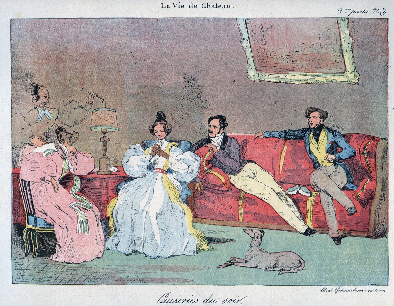 La Vie de chateau - Aftentaler - Illustration af Eugene Lami (1800-1890) I "" LE-RIRE"" fra 1885 af Eugene Louis Lami