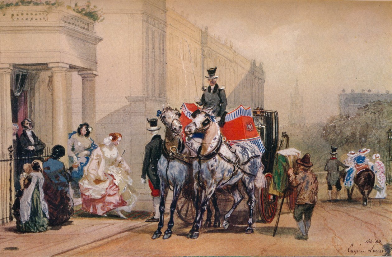 Damer på vej ind i deres vogn på Belgrave Square, 1800-tallet af Eugene Louis Lami