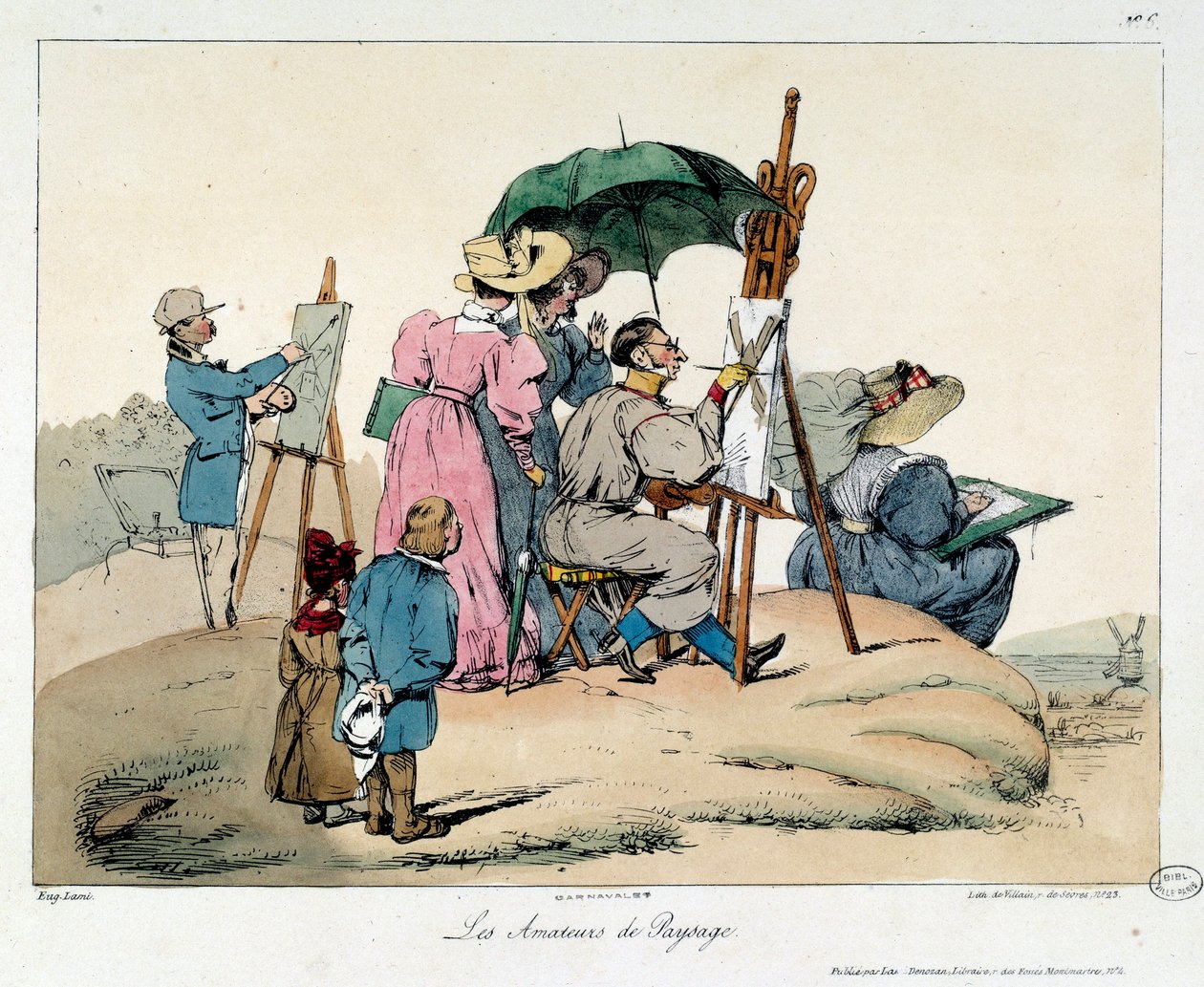 Landskab elskere. Præsenterede malere samles for at male et maritimt landskab. Illustration af bogen la vie de chateau af Eugene Louis Lami