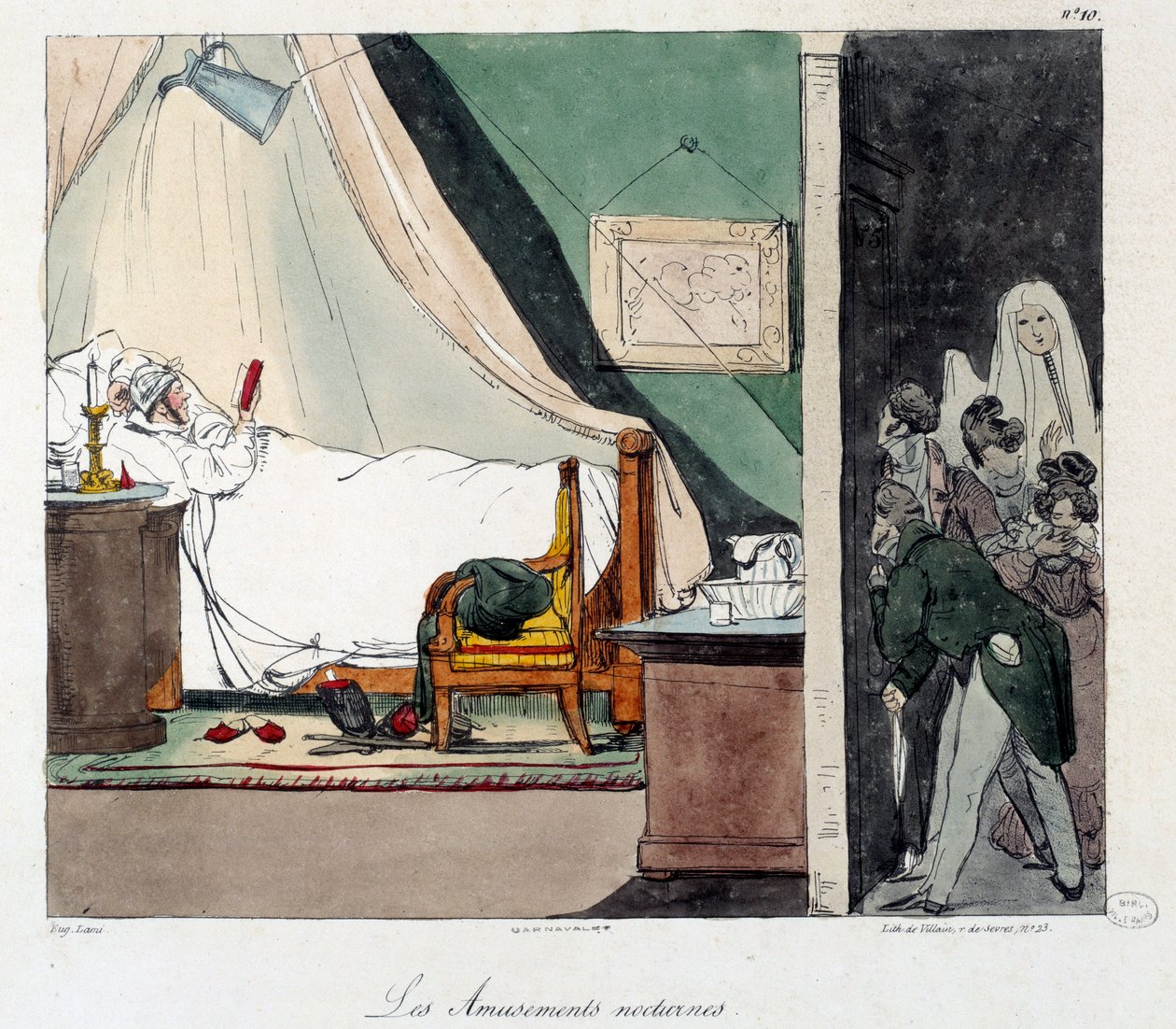 Natsjov. Børn er bange for at skræmme en person, der læser i sengen. Illustration af bogen "La vie de chateau"". Gravering af Eugene Louis Lami (1800-1890) af Eugene Louis Lami