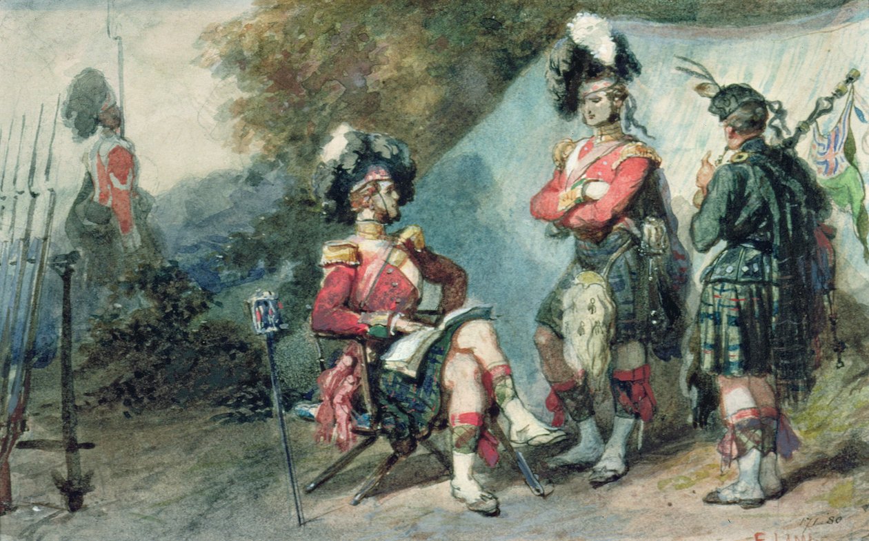 Officerer fra 79th Highlanders i Chobham Camp i 1853 af Eugene Louis Lami