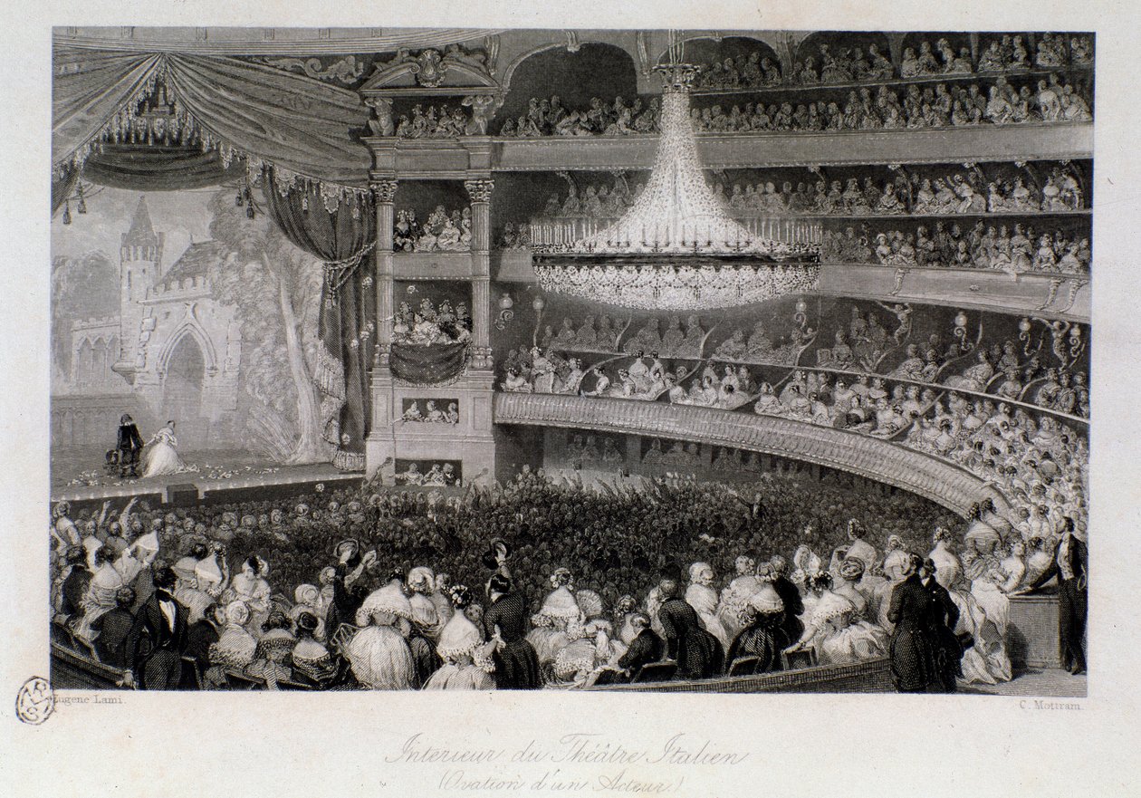 Ovation af en skuespiller under en forestilling i Theatre des Italians i Paris. Gravering af Eugene Louis Lami (1800-1890) 1843 Privat samling af Eugene Louis Lami