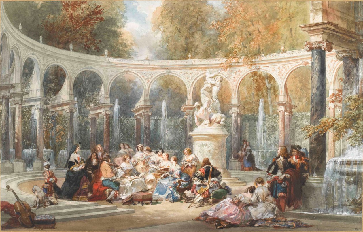 Selskab ved Bosquet de la Colonnade i Versailles have. af Eugene Louis Lami