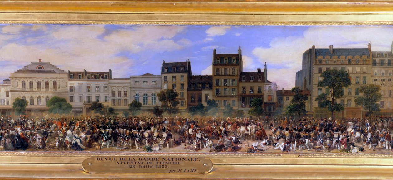 Angrebet af Giuseppe Fieschi (korsikansk konspirator) den 28/07/1835 mod Louis-Philippe I (1773-1850), franskmændenes konge, Boulevard du Temple i Paris (Louis Philippe gennemgår nationalgarden) Detalje af et maleri af Eugene Lami (1800-1890) 1845 søn. af Eugene Louis Lami