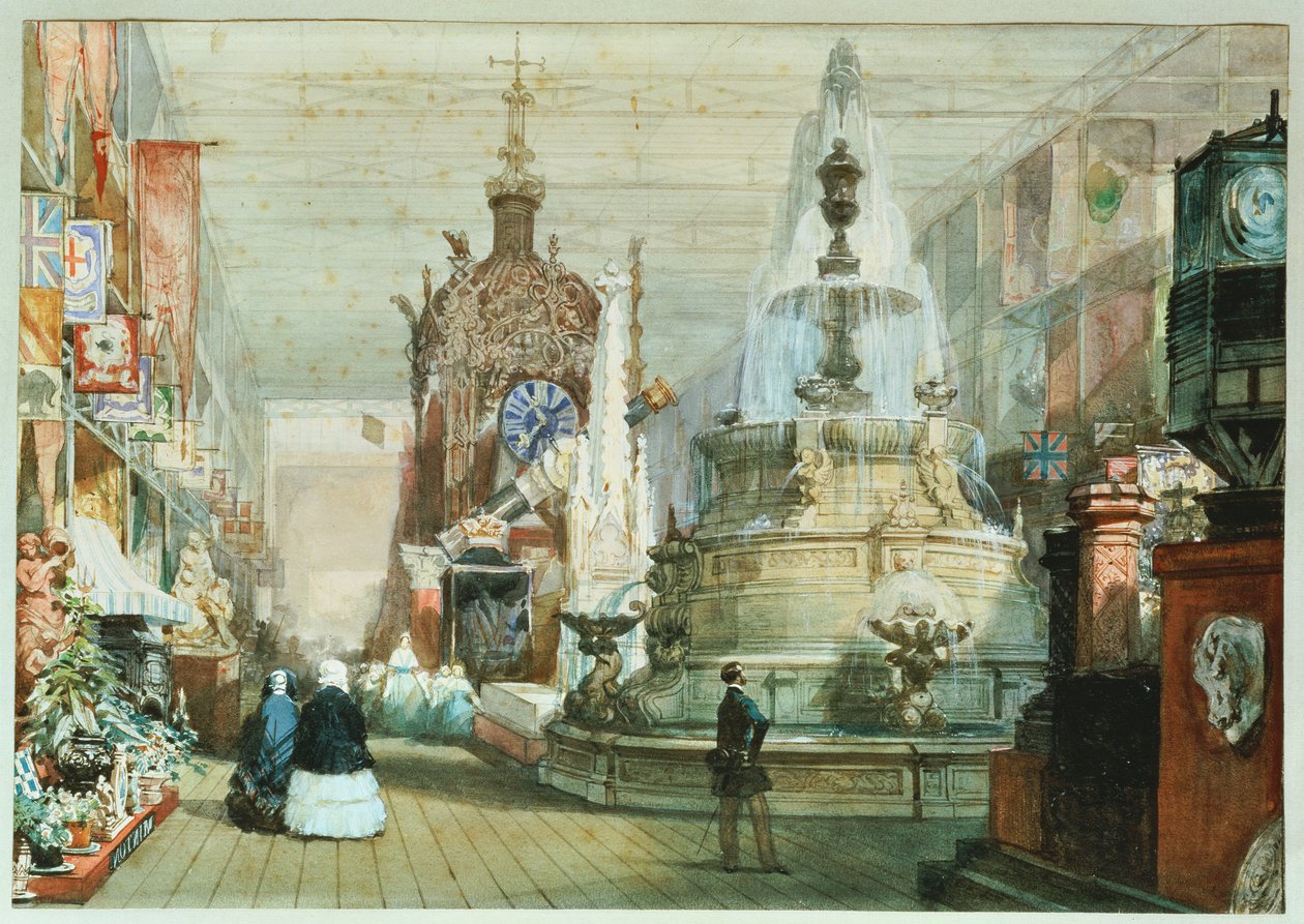 Den britiske stand ved den store udstilling afholdt i Crystal Palace, med Minton-standen til højre, 1851 af Eugene Louis Lami