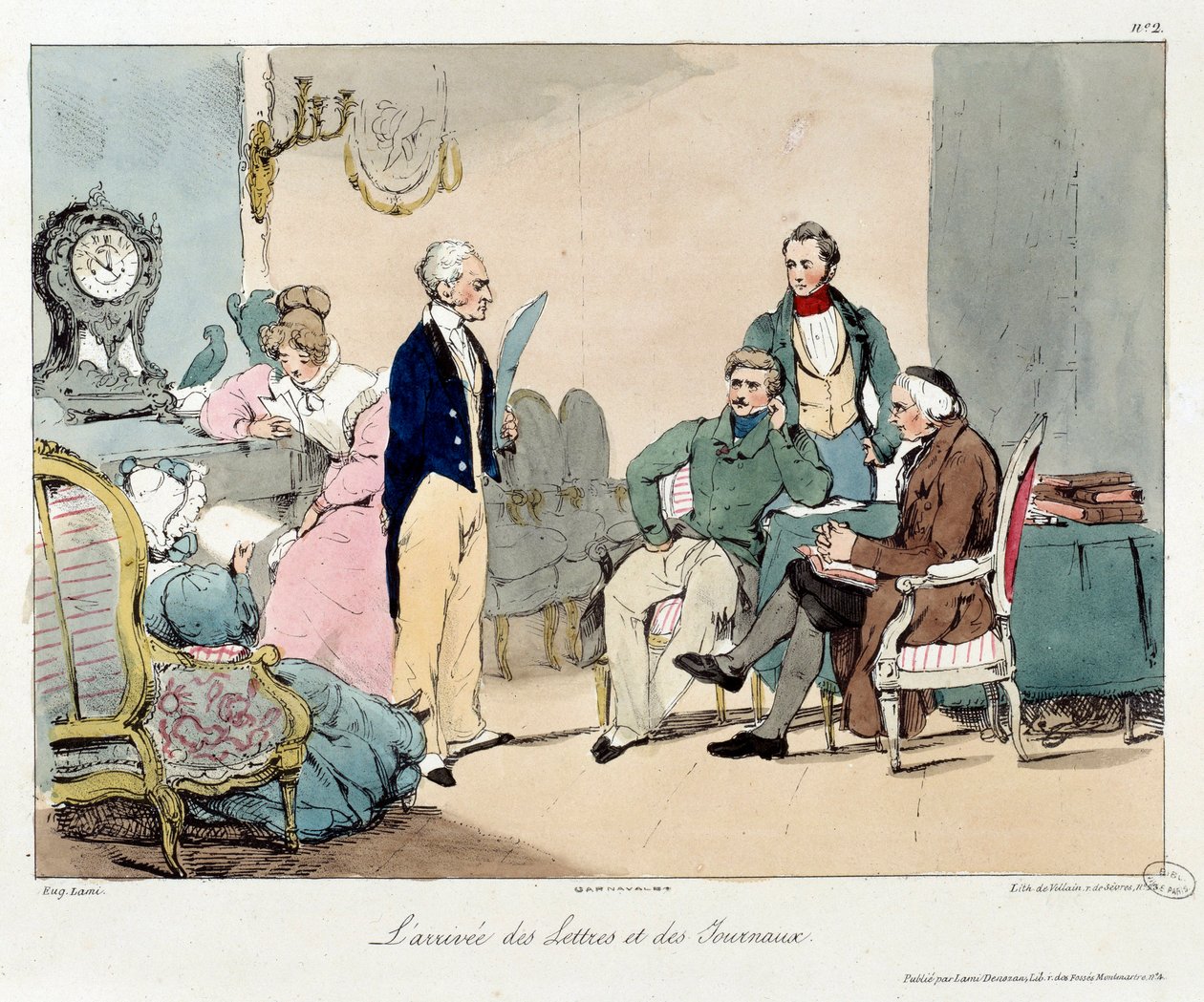 Ankomsten af breve og aviser. Illustration af bogen "La vie de chateau"". Gravering af Eugene Louis Lami (1800-1890) af Eugene Louis Lami