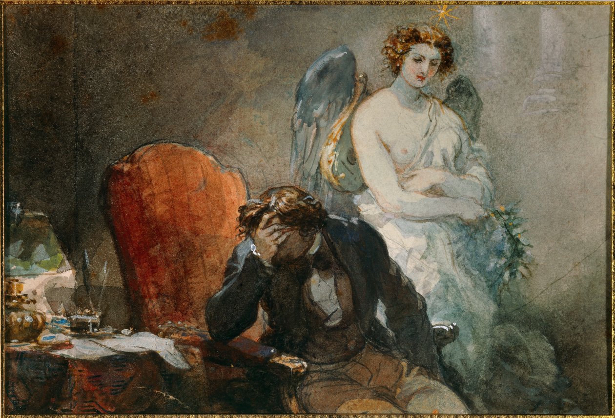Natten til oktober Illustration af Alfred de Musset (1810-1857) værker. Akvarel af Eugene Louis lami (1800-1890) 1800-tallets søn. 0,1x0,14 m Malmaison, musee du chateau af Eugene Louis Lami