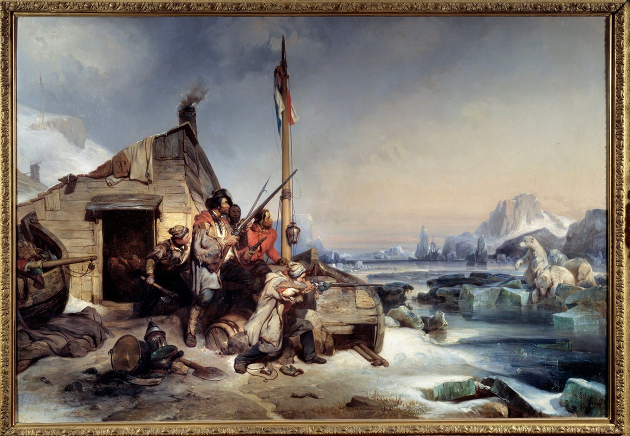 Vinter af en besætning af hollandske søfolk på kysten af New Zemble Isbjørnejægere på de arktiske øer i New Zemble. Maleri af Eugene Lepoittevin af Eugene Modeste Edmond Lepoittevin