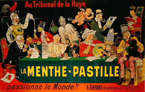 Plakat med reklame for "La Menthe-Pastille", der henviser til den første Haager Fredskonference i 1899 (farve litografi) af Eugene Oge