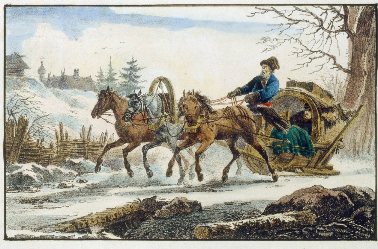 Hesteslæden, med læ for rejsende. (Trojka Kibitka). Værk af Eugene Pluchard (1809-1880), litografi og akvarel af Eugéne Pluchart