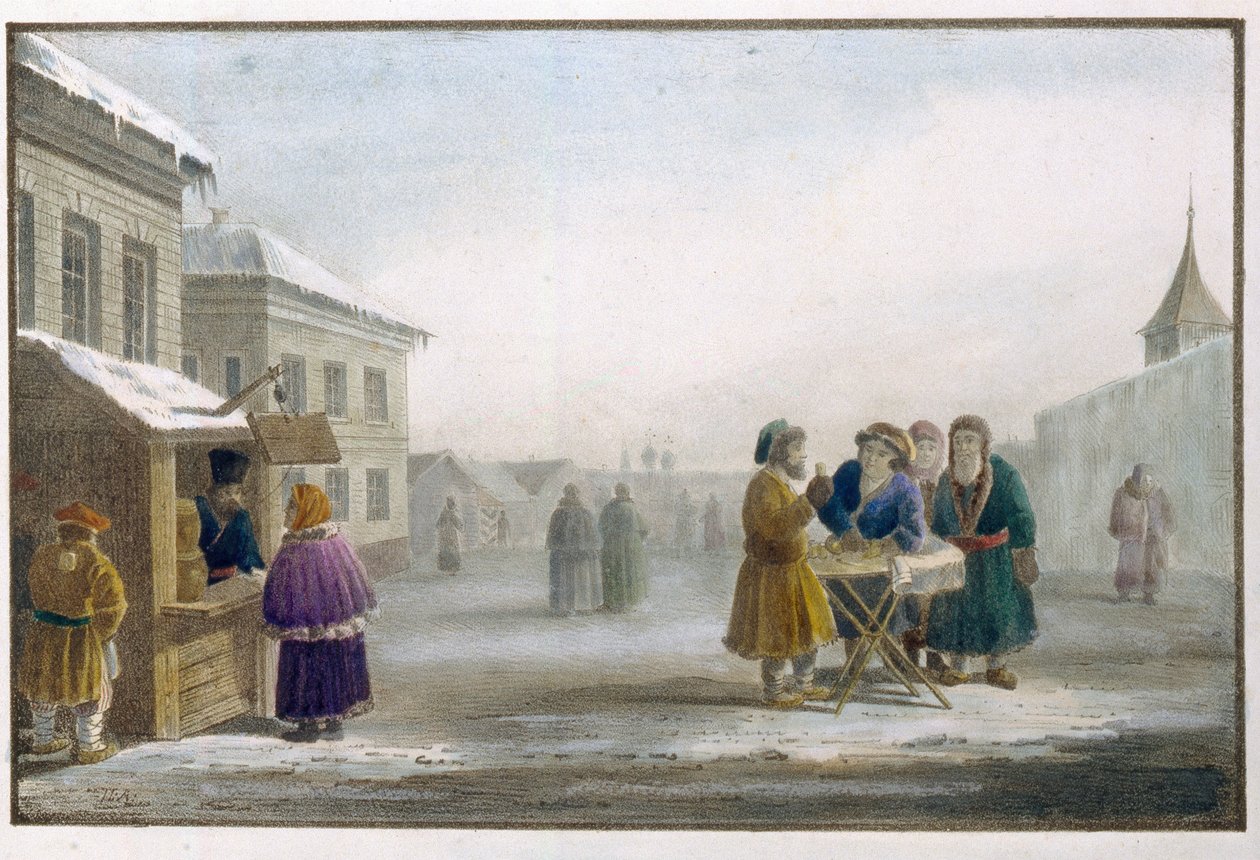 Omrejsende tobakssælger foran en tobaksbutik i Rusland. Værk af Eugene Pluchart (1809-1880), litografi og akvarel af Eugéne Pluchart
