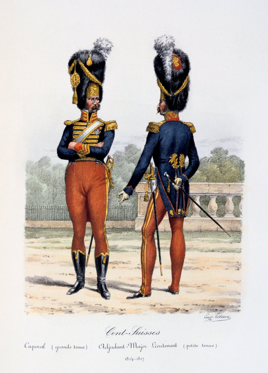 Cent-Suisses, korporal heldragt, Adjudant-Major Løjtnant klæder sig af, 1814-17 af Eugene Titeux