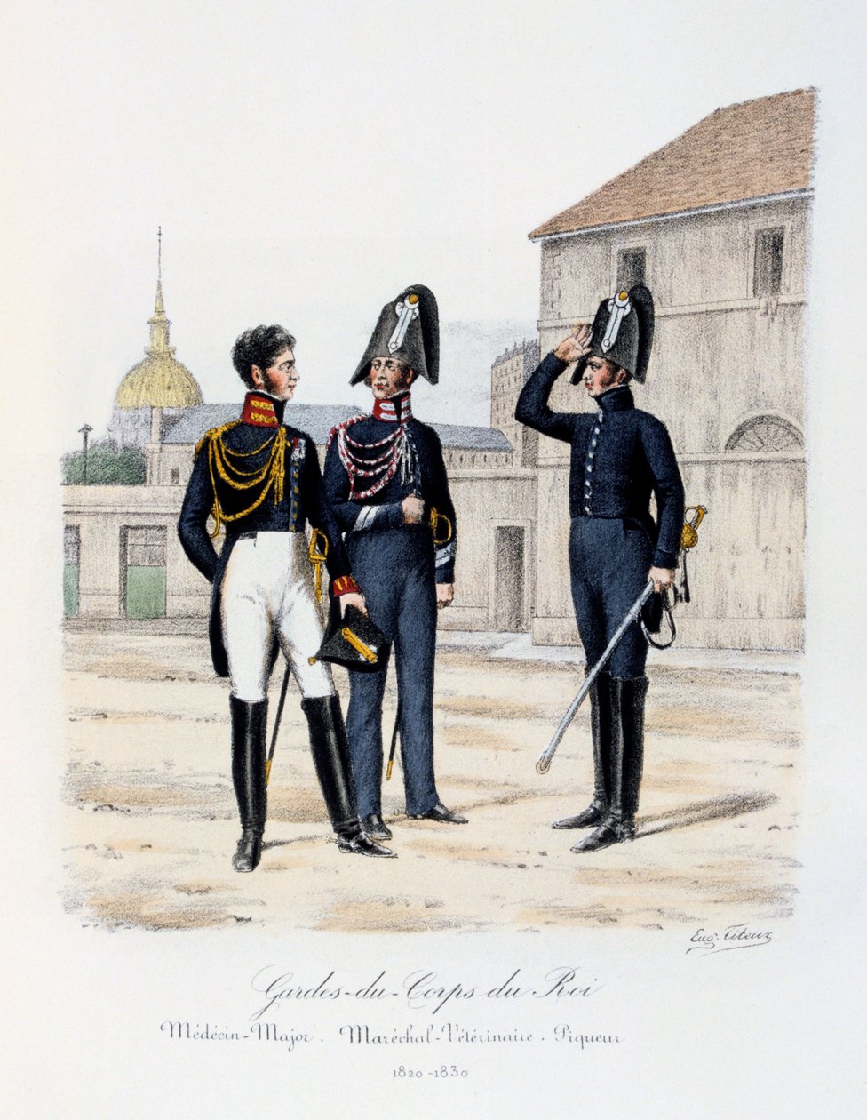 Kongens livvagter, læge-major, marskal-dyrlæge og piqueur, 1820-30 af Eugene Titeux
