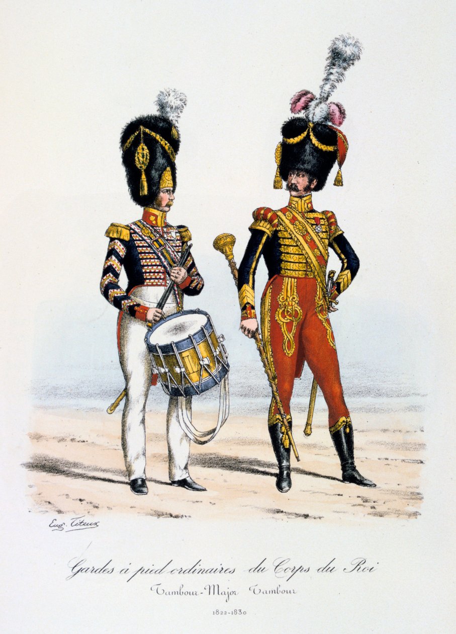 Ordinære fodvagter af kongens korps, trommemajor og trommeslager, 1822-30 af Eugene Titeux