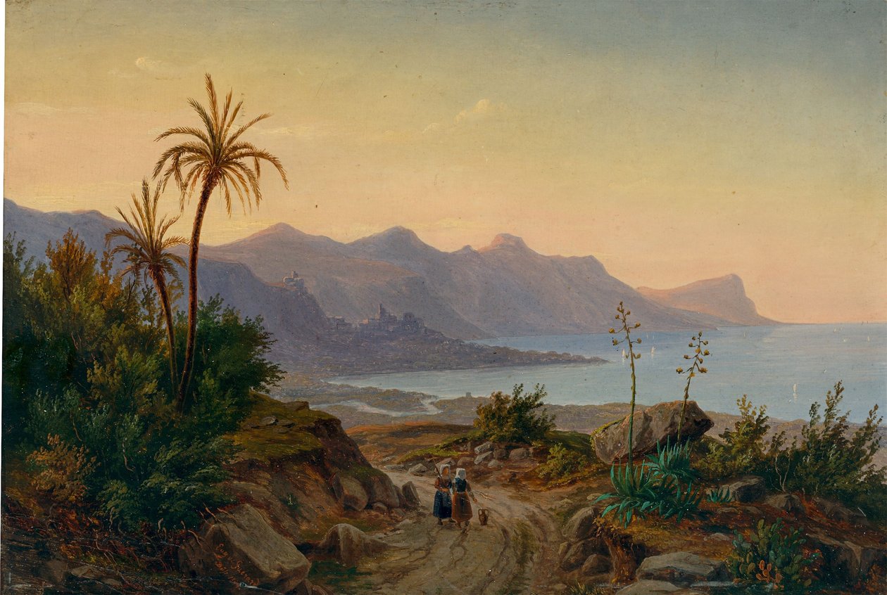 Eugen von Guérard - Sydligt kystlandskab med palmer, 1844 af Eugene von Guérard