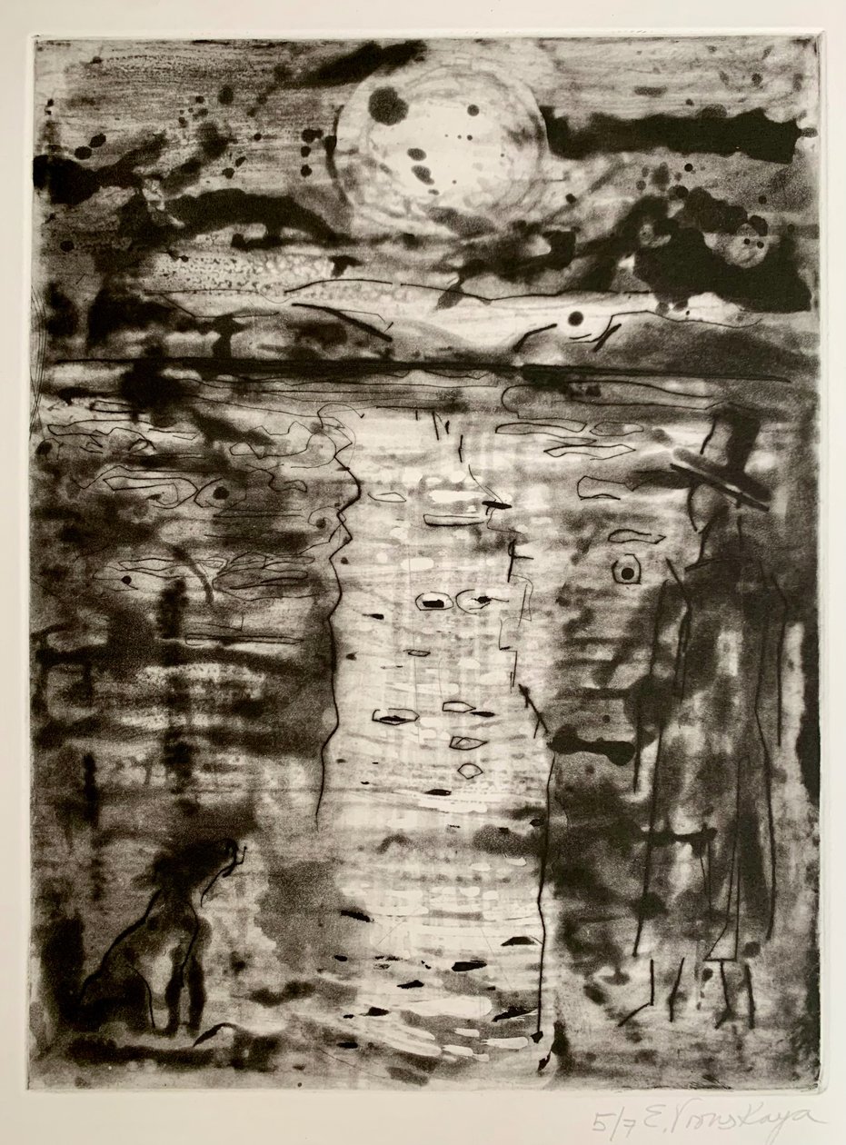 Moon gazing, 2023 (ætsning, dry point, spit bite) af Eugenie Vronskaya