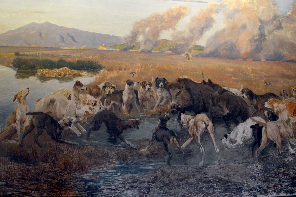 Detalje af Eugenio Cecconis maleri Vildsvinjagten i Padule di Burano ved Galleria d